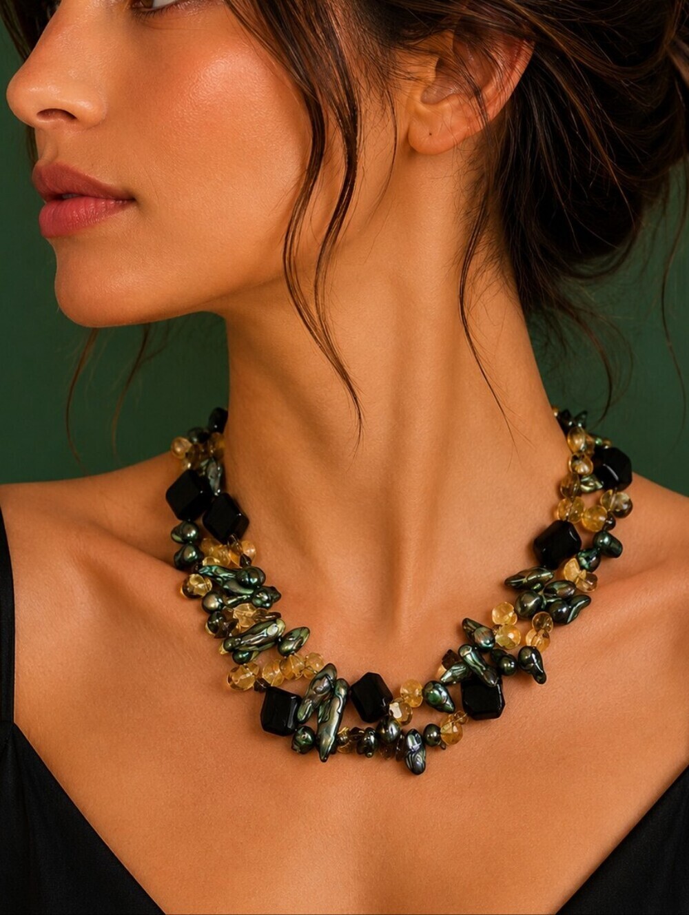 Vintage Glass Citrine Abalone Shell Two Strand Layered Necklace